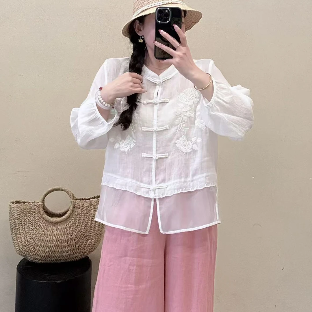 新中式宽松苎麻小衫刺绣立领碎花长袖上衣5025-2 肩40胸116长60