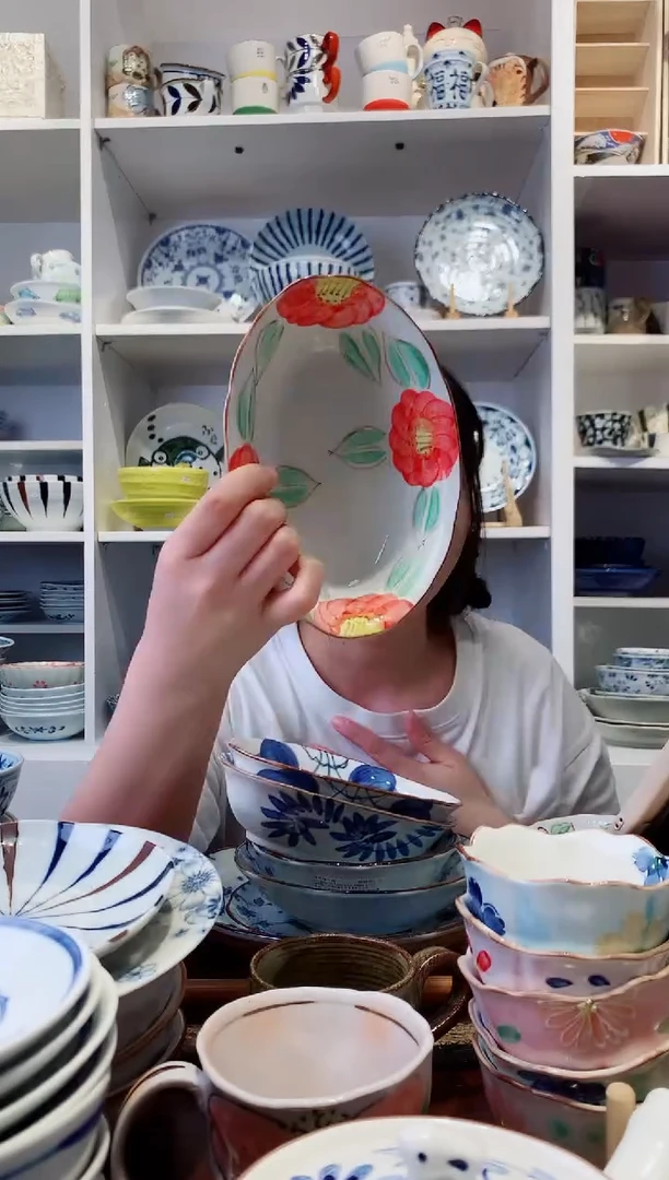 陶瓷手绘山茶花椭圆小钵