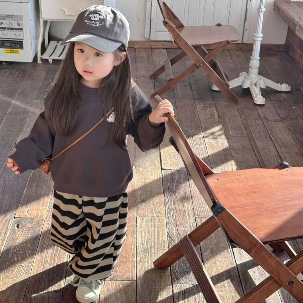 壹妈童装女童套装春季新款洋气休闲儿童卡通卫衣条纹裤子两件套潮