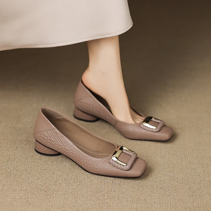 2025新款上班鞋子通勤粗跟百搭气质单鞋女方头浅口舒适中跟小皮鞋