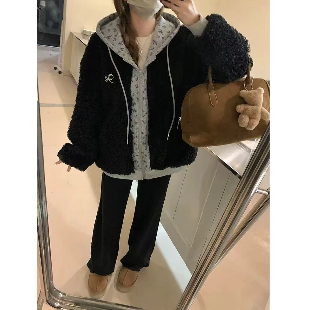 新款大码设计感碎花撞色慵懒风假两件加厚宽松外套