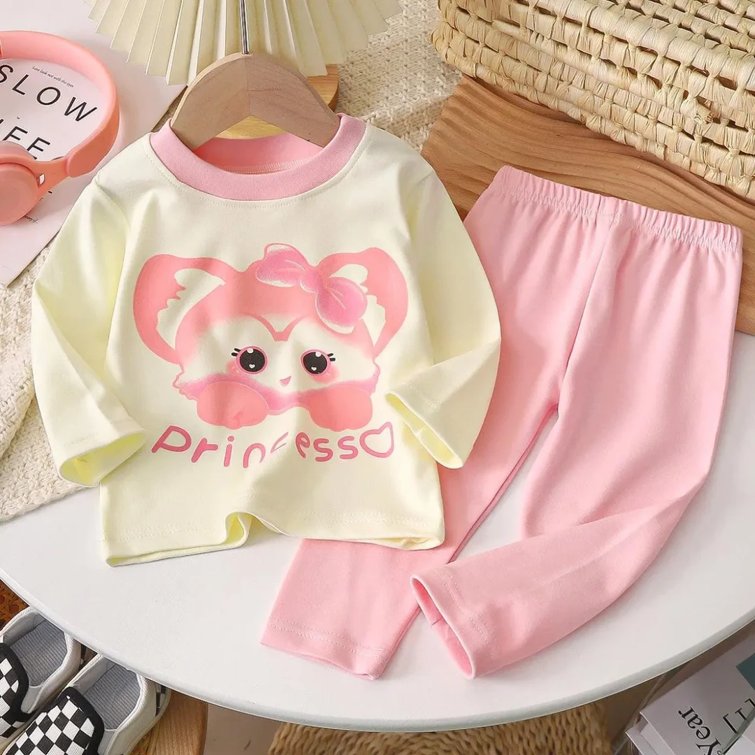 春秋女童洋气圆领撞色卡通印花家居服套装