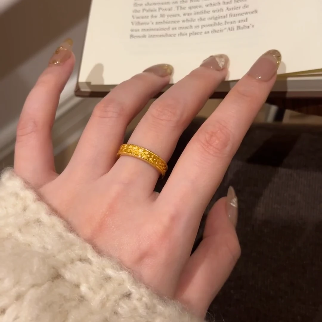 足金999真金 古法宽面 麦穗戒指 方戒指 足金戒指 百搭黄金按克卖