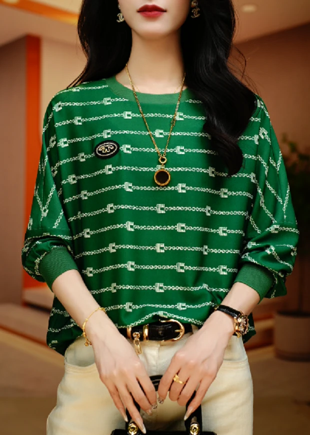 绿小链条-高端长袖时尚上衣女显瘦显白百搭印花圆领减龄
