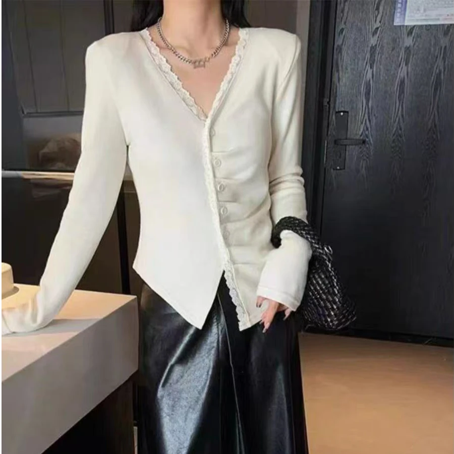 新款A1878奶白加厚蕾丝不规则T恤