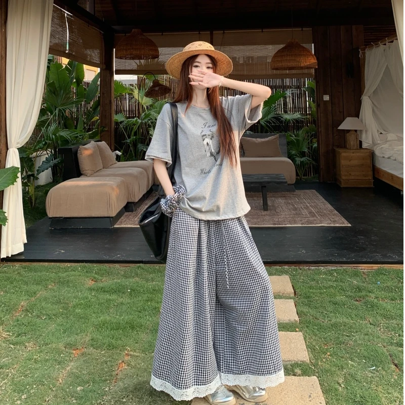 韩系慵懒风印花T恤蕾丝拼接格子阔腿长裤女2025夏季新款时尚套装