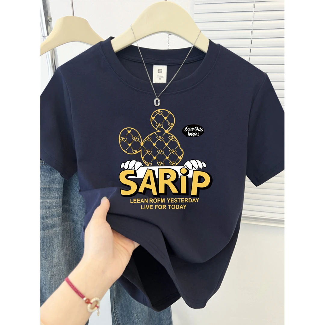 卡通字母印花正肩t恤女短袖2025夏季新款时尚百搭显瘦减龄上衣ins