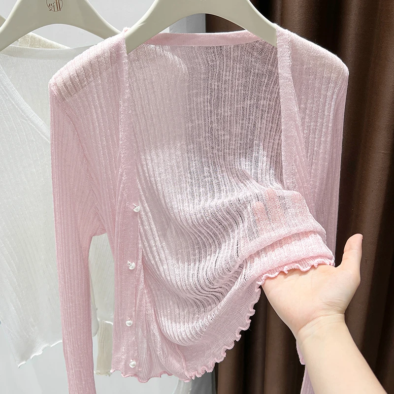 轻薄冰丝针织防晒小开衫女新款薄纱外搭木耳边披肩长袖上衣配裙子