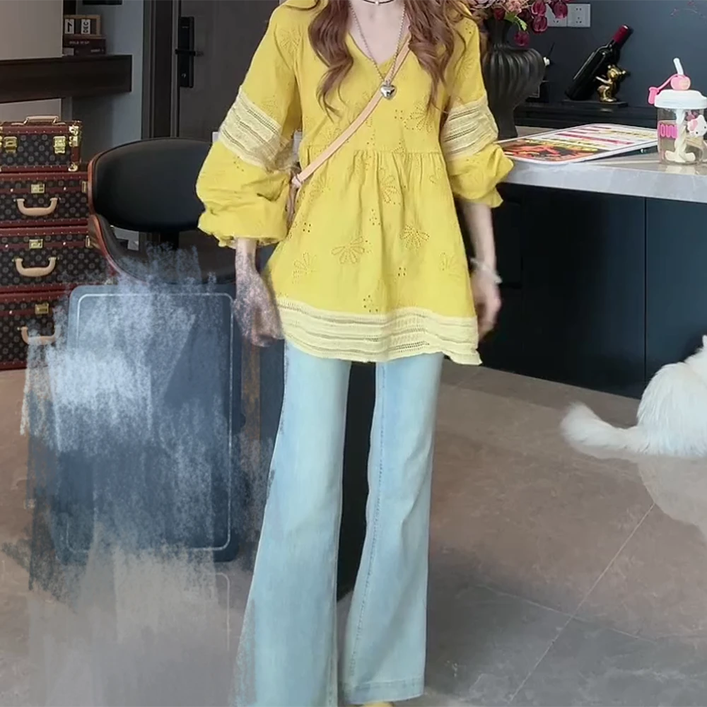 2025春夏新款法式甜美时尚镂空刺绣蕾丝花边灯笼袖衬衫女