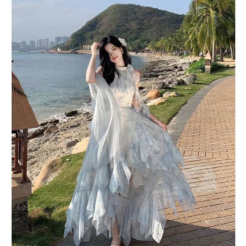 大码春季法式复古气质仙女长裙显瘦雪纺开衫连衣裙子10994