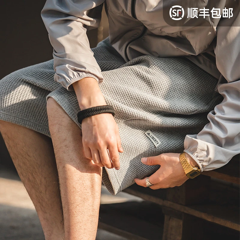 马登工装美式复古宽松垂坠感华夫格短裤男穿搭廓形潮流休闲五分裤