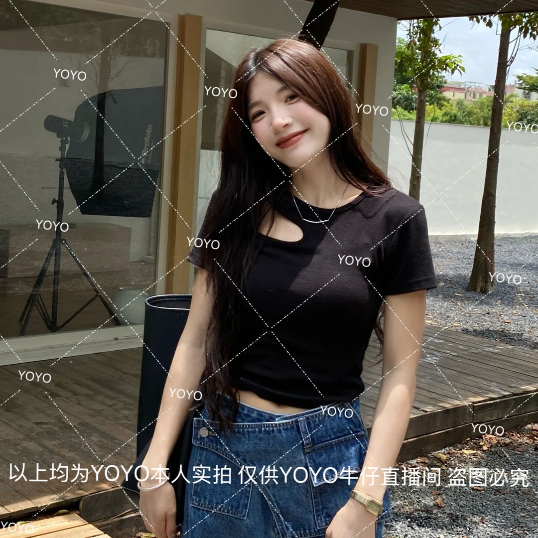 YOYO自制【镂空短袖】早秋夏季显瘦辣妹修身设计感上衣