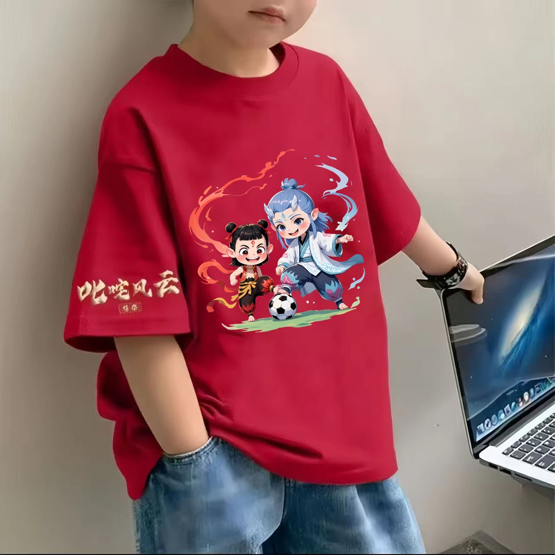 哪吒敖丙踢足球袖标 洋气T恤亲子圆领宽松纯棉短袖男童女童夏季款