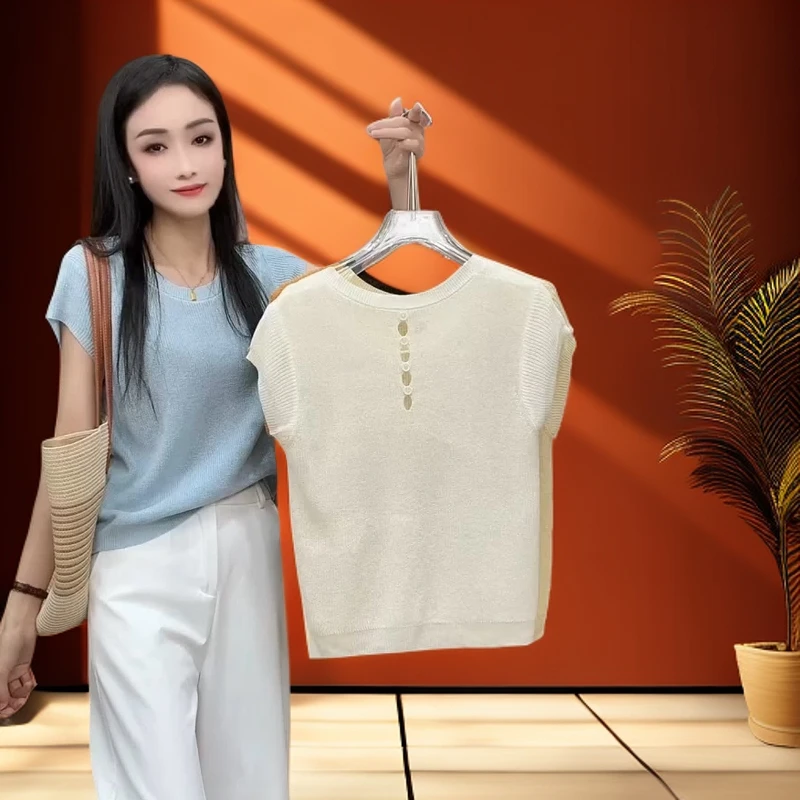 甜美流光风短袖针织衫女设计感韩系时尚2025夏季新款后背纽扣上衣