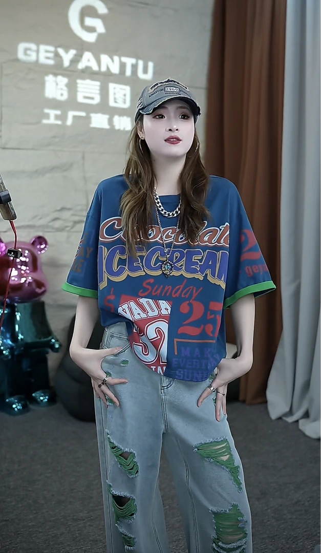 【GEYANTU】720夏新款2025宽松水洗字母印花纯棉短袖t恤