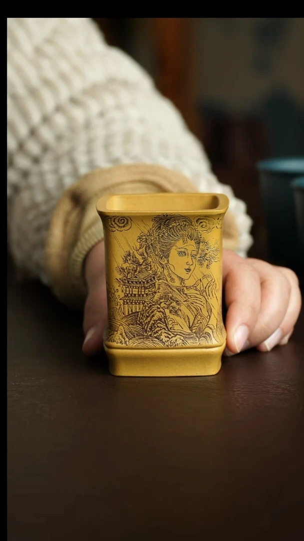 茶杯紫砂43号 古风美人四方杯 宜兴紫砂原矿作品