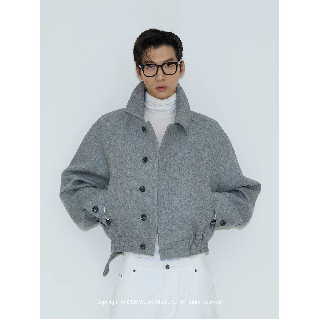 weave【新品】英式老钱 高级烟灰混色羊毛短款挺阔宽松翻领外套时髦