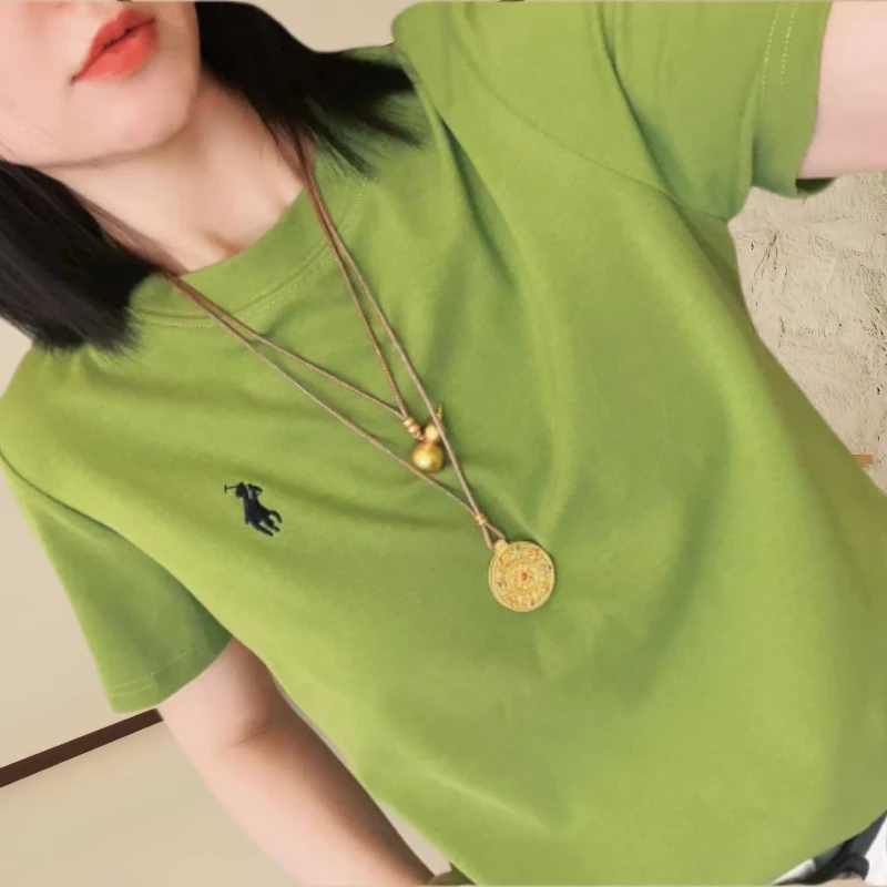 2025早春新款胸口刺绣骑士小马T恤简约时尚纯色百搭圆领上衣女款