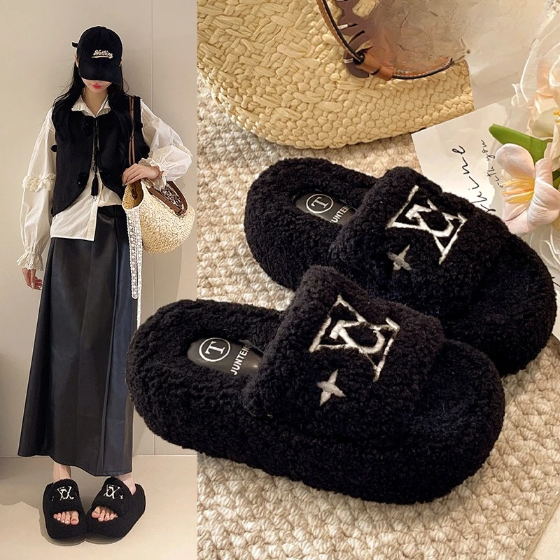 厚底增高毛毛拖鞋女外穿2025新款秋冬季巨好看配裙子加绒一字棉拖