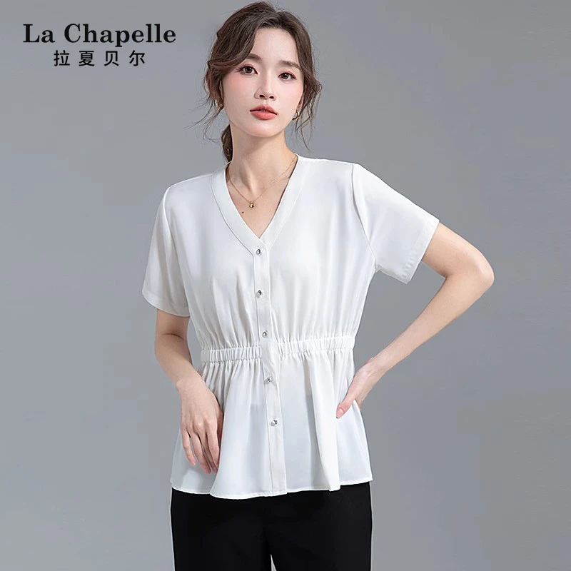 拉夏贝尔V领短袖衬衫女夏收腰宽松显瘦洋气减龄小衫通勤职业衬衣