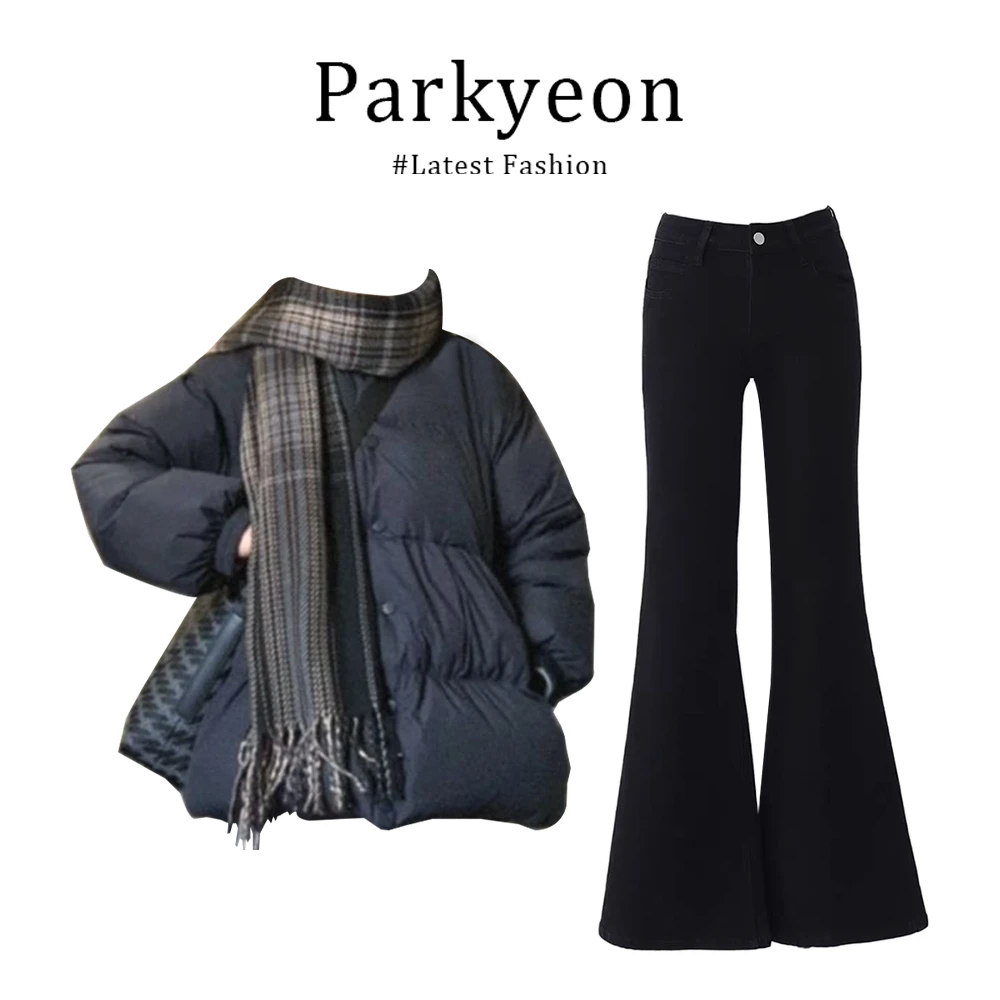 parkyeon黑色立领宽松棉服外套慵懒风棉衣微喇黑色牛仔裤套装女