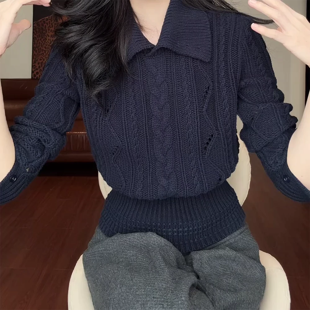 新款翻领麻花下摆收腰显瘦百搭显瘦上衣毛衣女C6222
