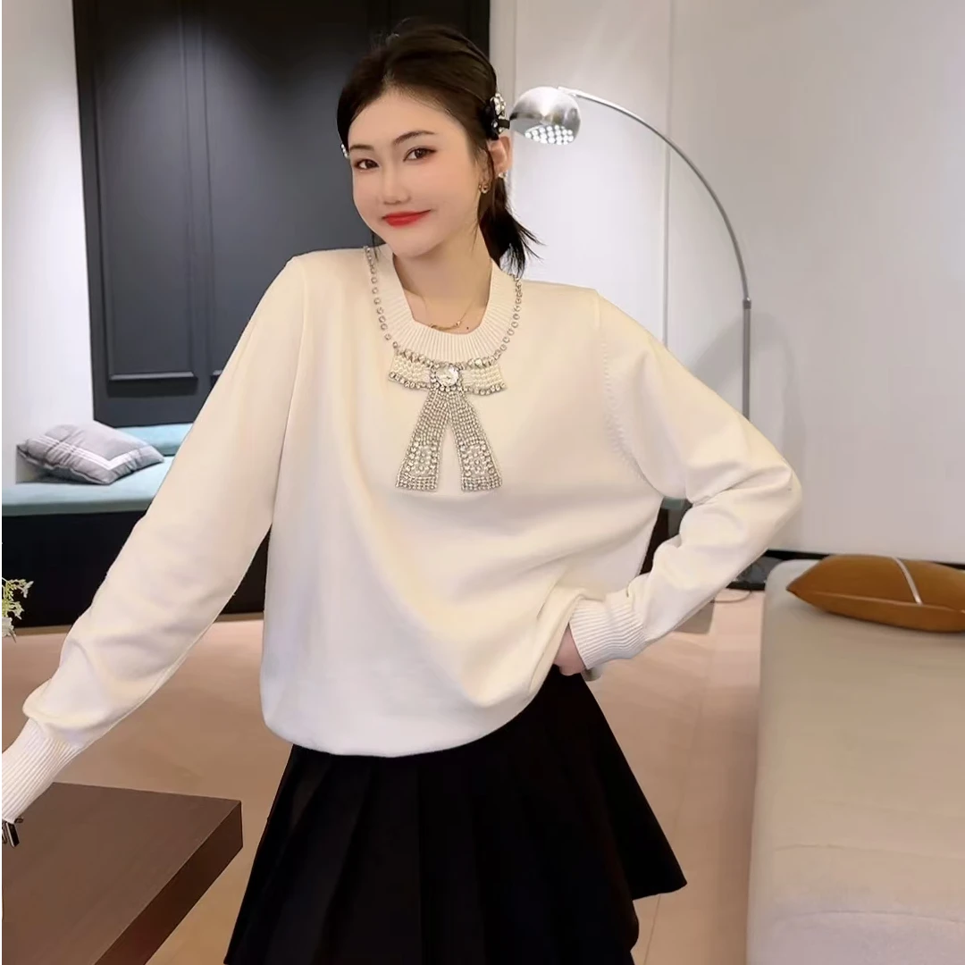 D236023 欧货重工烫钻蝴蝶结针织宽松圆领上衣