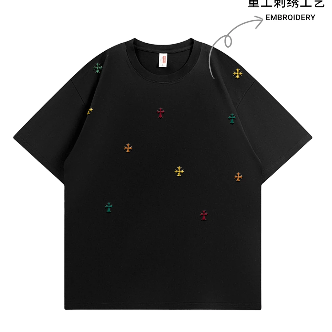【现货-重工】潮牌十字架刺绣纯棉T恤男女同款重磅高品质短袖上衣