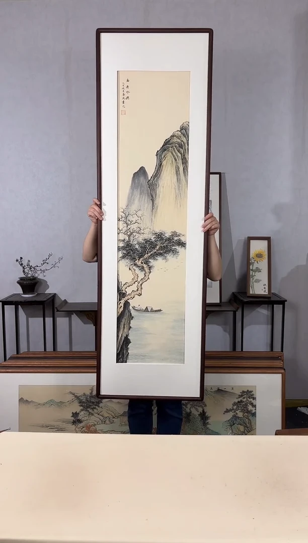 国画手绘*扁舟吟兴*52*172cm带框发货
