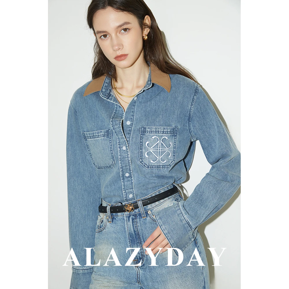 ALAZYDAY 设计感logo刺绣撞色拼接牛仔衬衫
