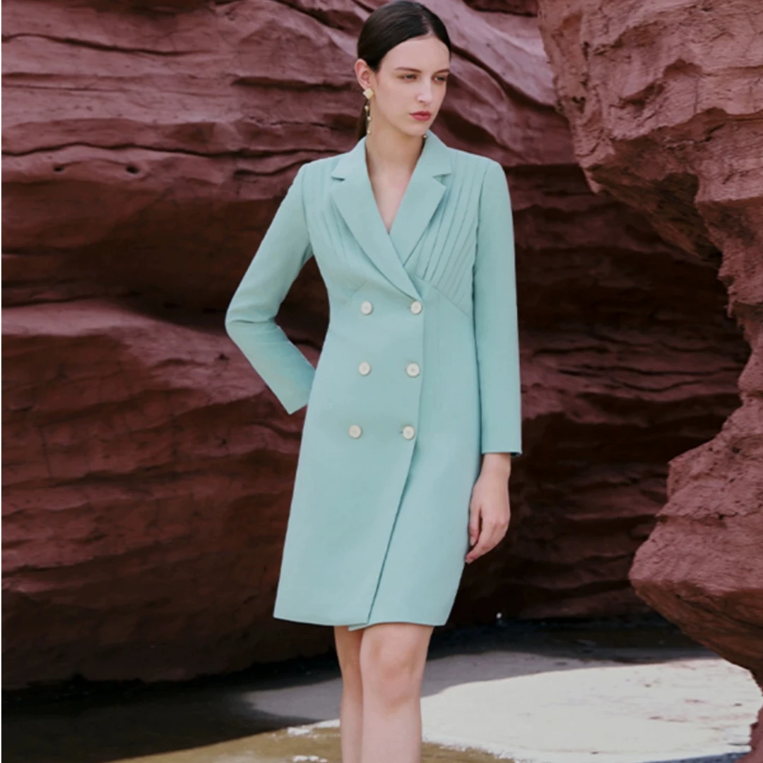 Q13110职业西装连衣裙女高端气质双排扣长袖主持人上镜面试裙子E