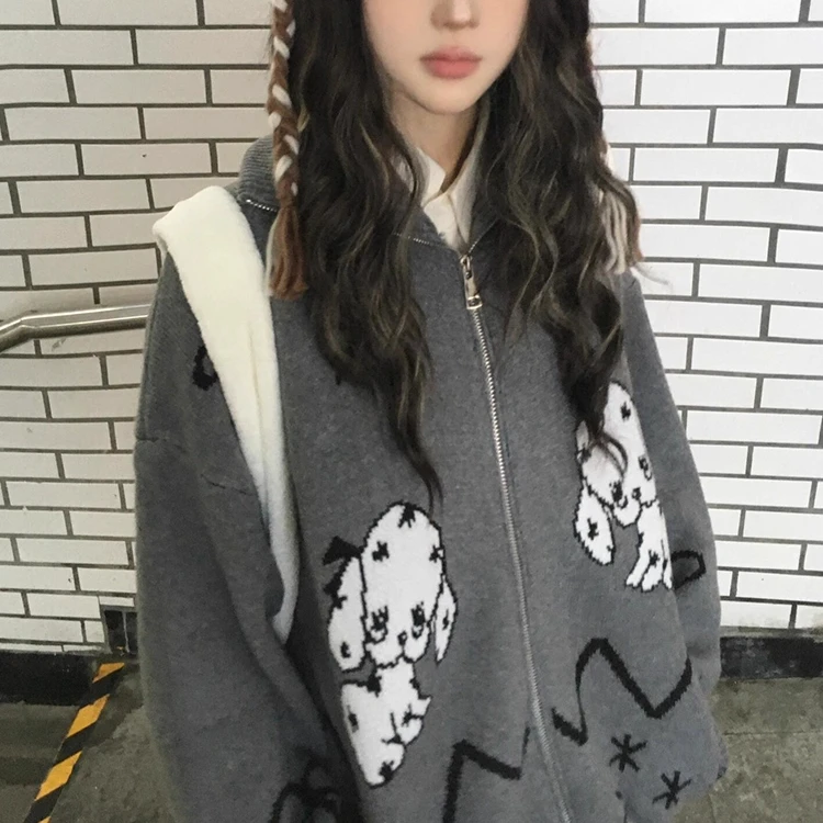 美式复古拉链针织开衫女秋冬小狗提花宽松vintage慵懒风毛衣外套