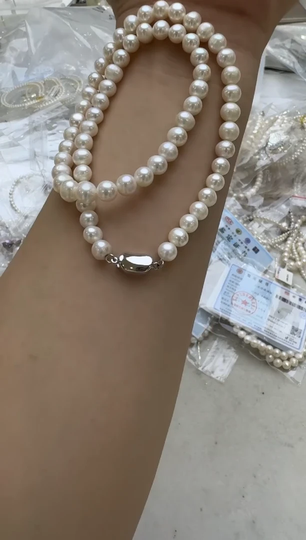 淡水珍珠银S925镶嵌项链7mm 无核
