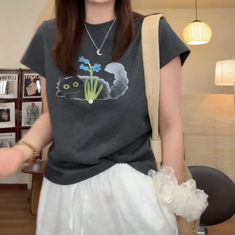 夏季韩版卡通印花刺绣可爱小猫咪百搭休闲圆领T恤女LK2503500
