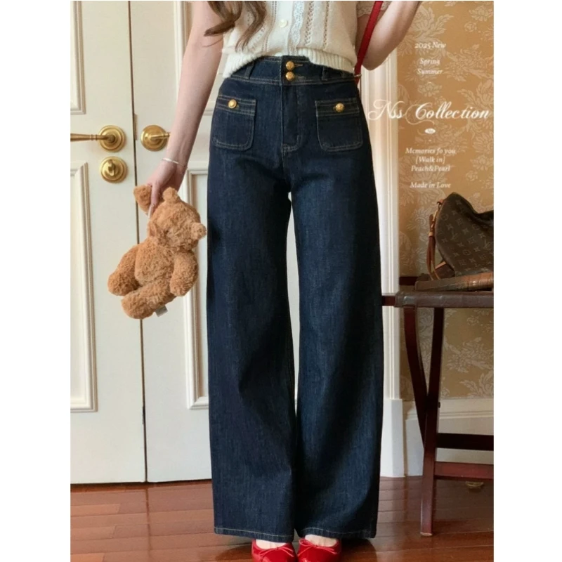 高腰丹宁蓝阔腿牛仔裤女小个子显瘦百搭拖地直筒潮酷