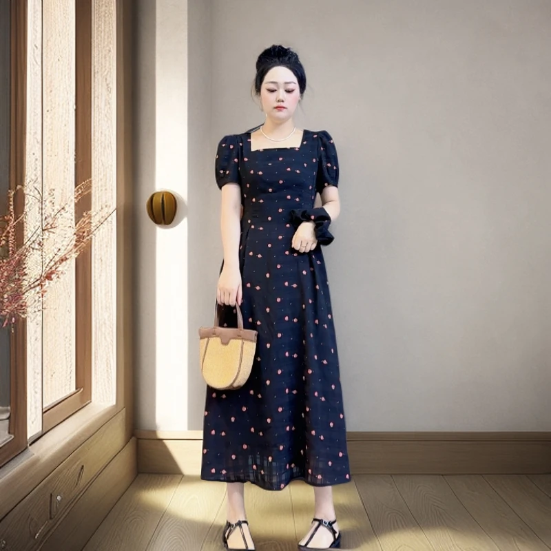 621#法式碎花显瘦长裙夏季连衣裙收腰印花高街穿搭（带发圈）