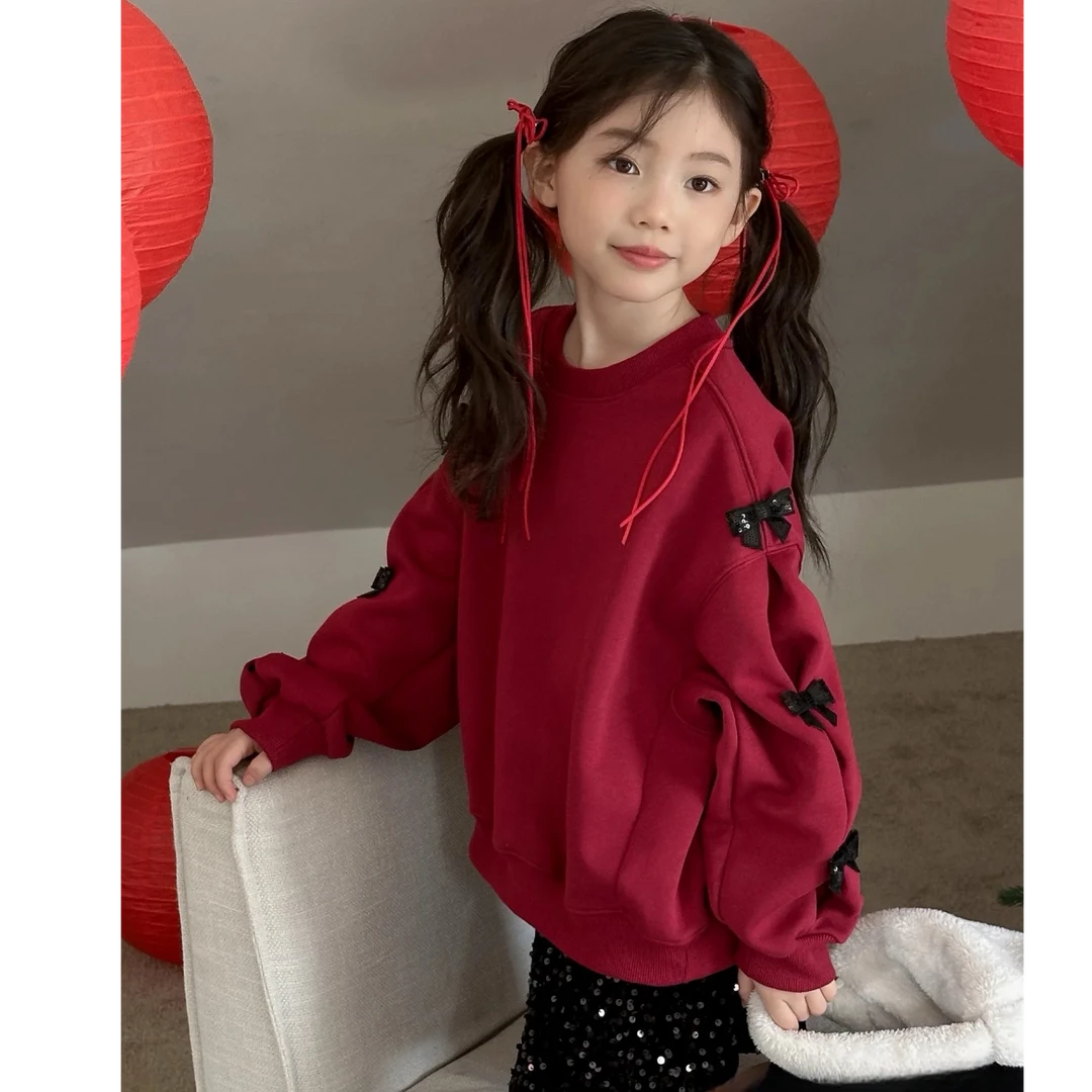 熙爱2024冬季新品设计感小众蝴蝶结甜辣风宽松短款加绒卫衣12201