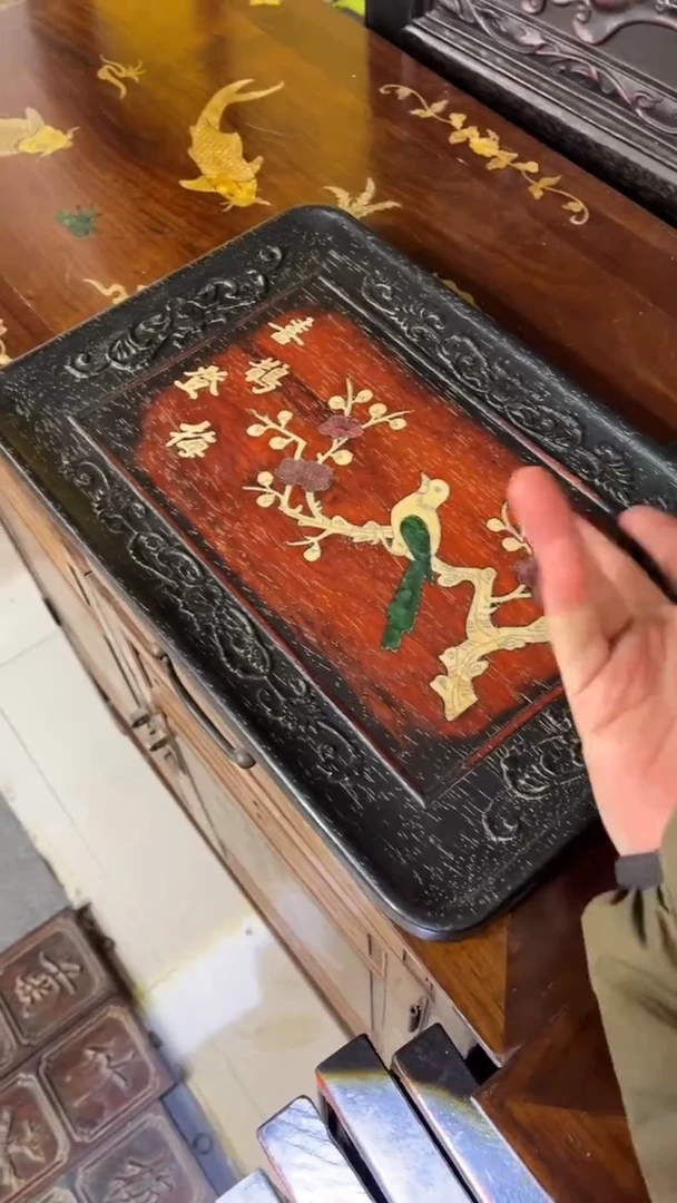 非洲紫檀（红花梨）赏盘喜鹊登梅36x24cm无底座