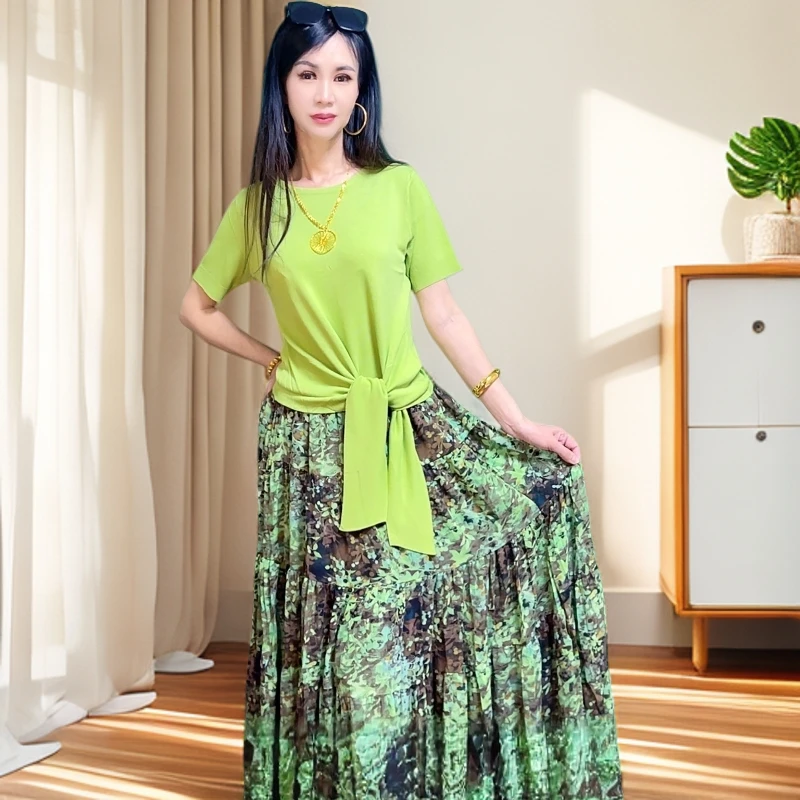 (新款套装)夏季系带纯色圆领短袖搭碎花气质