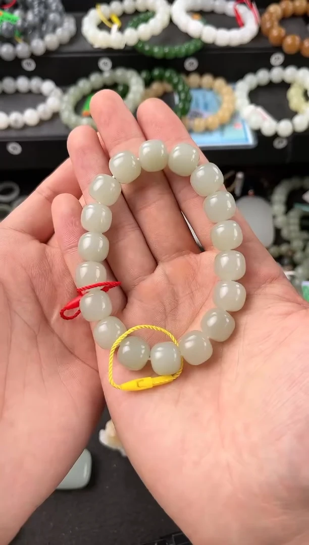 【闪购商品】和田玉手串未镶嵌且末高青白老型珠手串卡12微色差