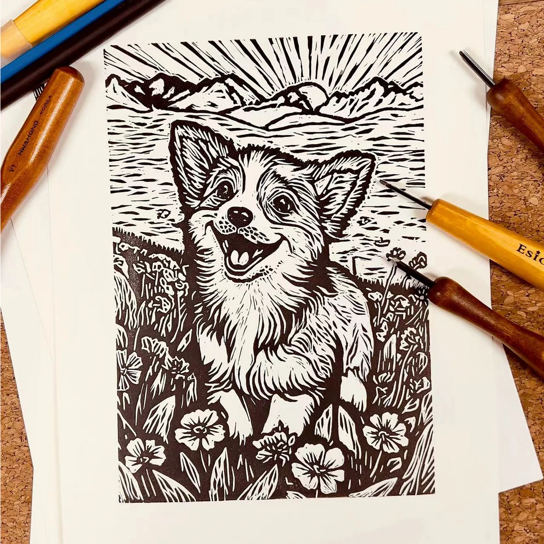 《快乐小狗》版画拓印工具套装，含原版雕刻版、创作PPT等好物