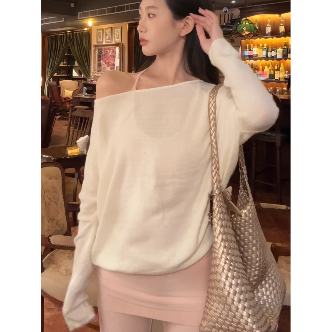 【618现货5折】春夏设计感套头薄款纯色拼接纯欲风毛针织衫 0562