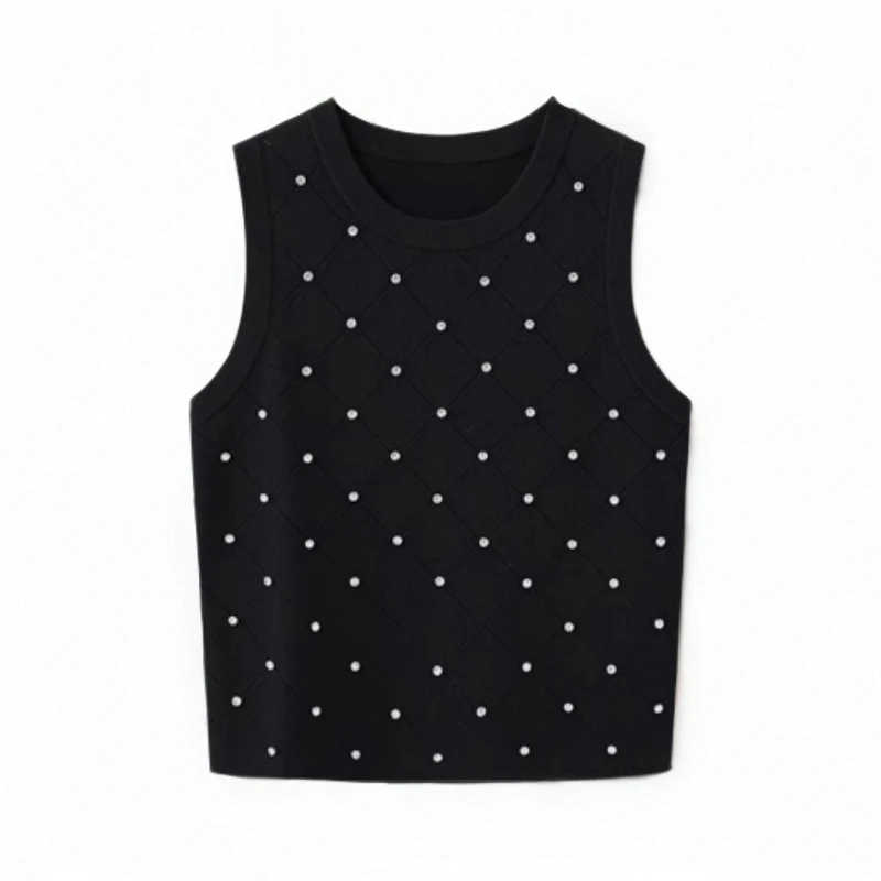 黑色轻奢无袖休闲时尚百搭圆领女背心打底宽松上衣-7633