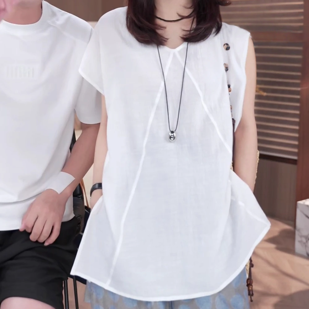 2025新款时尚遮遮袖V领短袖衬衫女