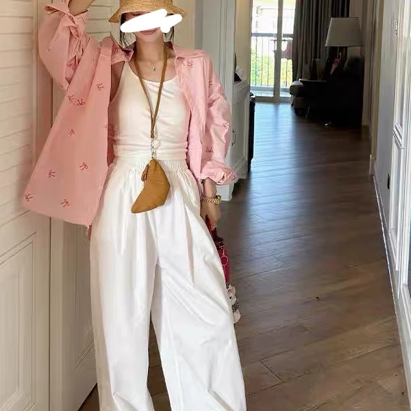 大码蝴蝶结印花长袖衬衫女春季新款甜美防晒宽松中长款开衫上衣潮