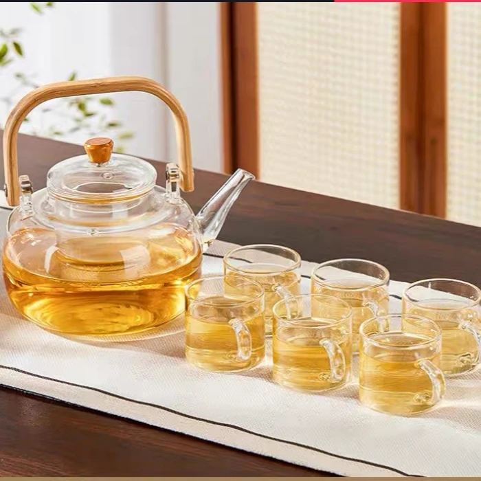 高硼硅玻璃竹把手提梁壶可加热泡茶壶一壶六杯套装(赠杯架)
