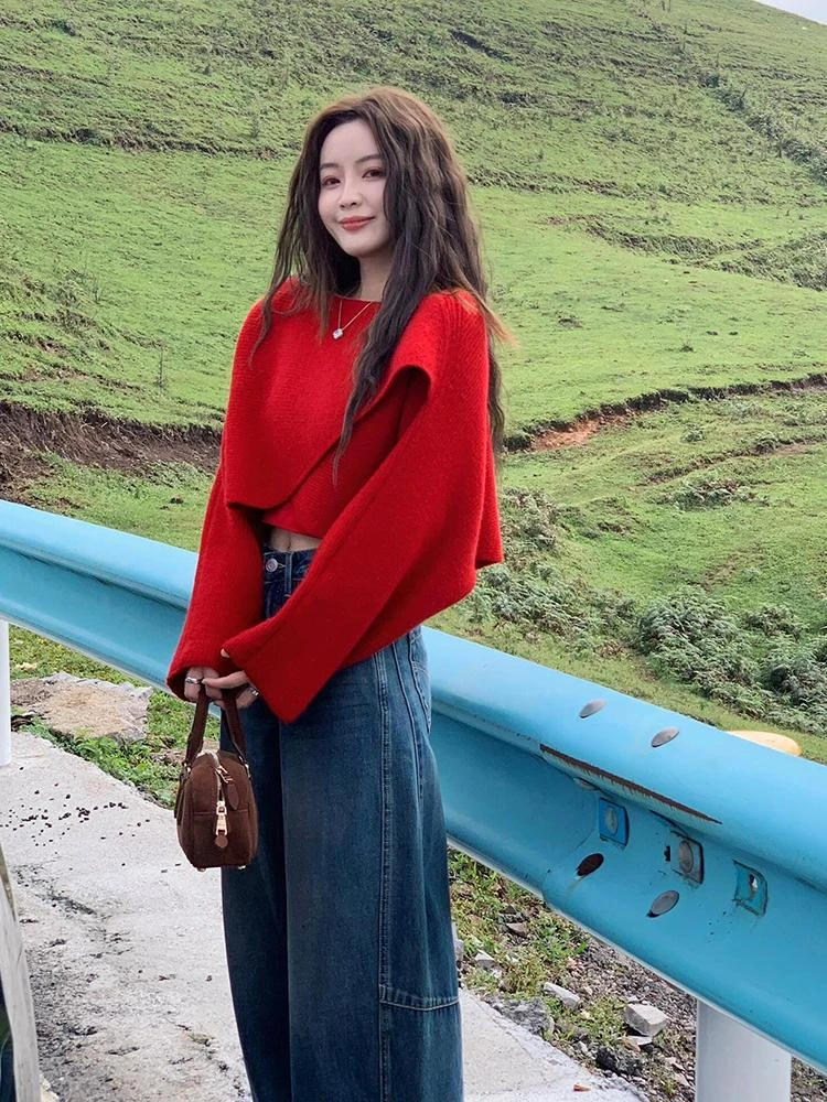 炸街独特漂亮设计感小众短款毛衣高级感红色不规则针织衫女早秋季