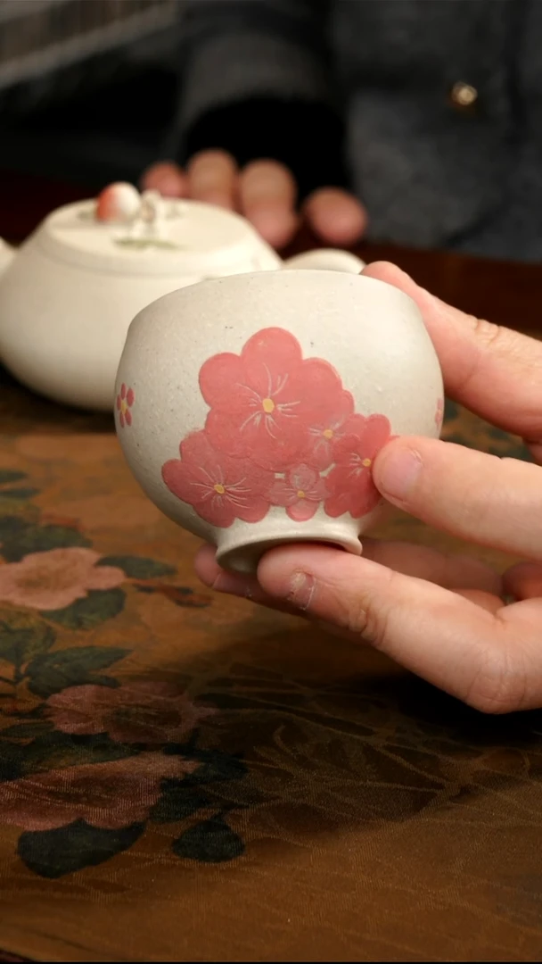 茶壶紫砂白泥粉花杯
