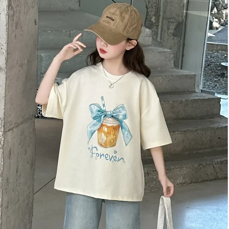 纯棉女童宽松百搭半袖中大童甜美可爱蝴蝶结印花夏装儿童短袖t恤