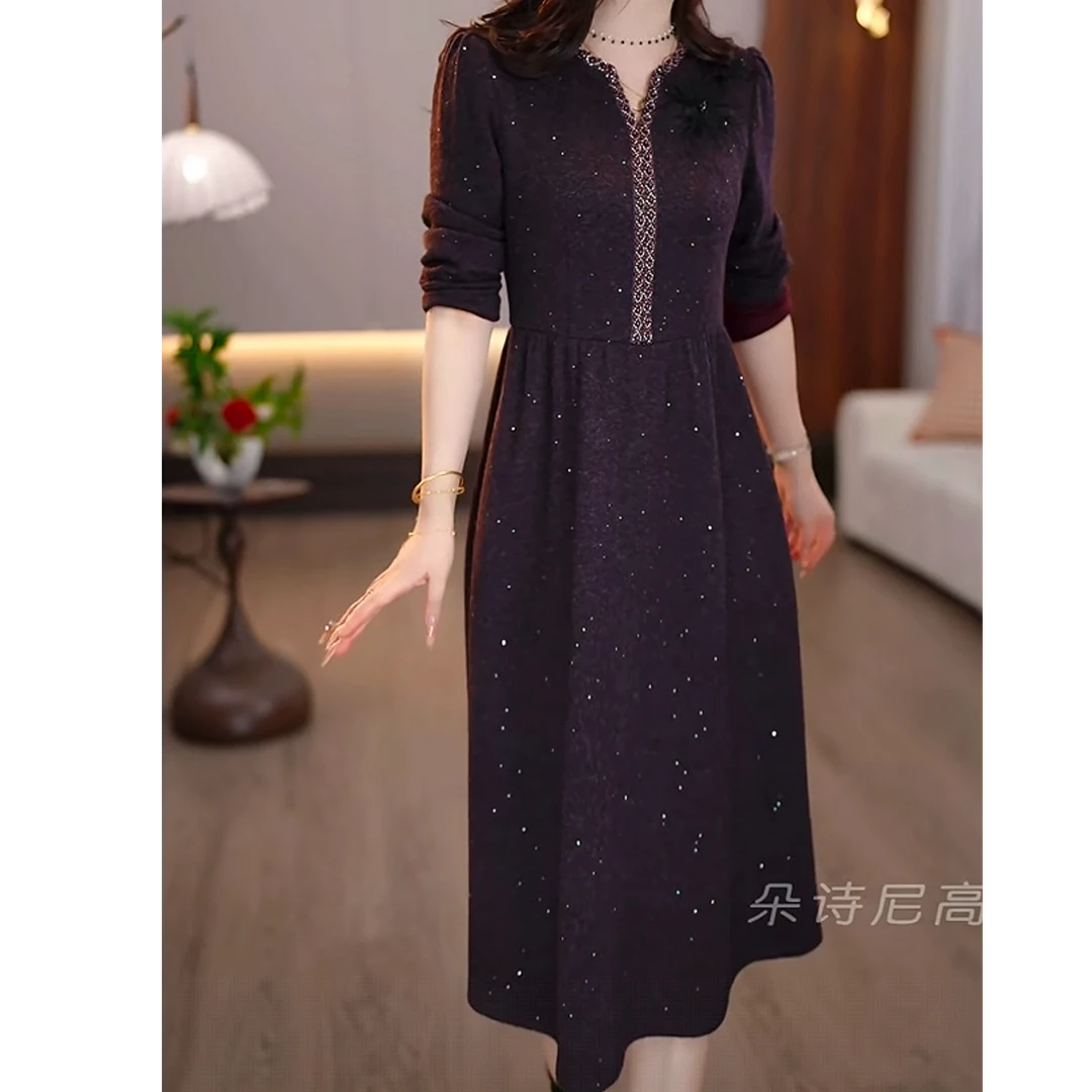 朵诗尼2025冬款紫色时尚气质显瘦复古精致优雅高贵名媛连衣裙